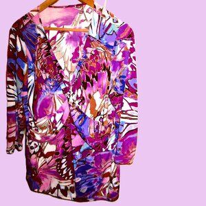 Pullover Multi Violet/Purple Splash Cross Drape Sewn In Sash,Vneck,3/4 SleevesXL